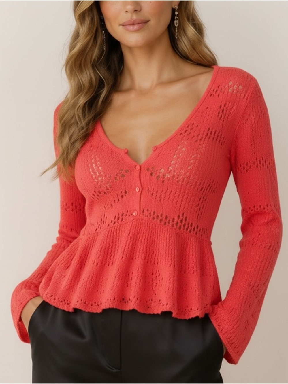 NWT PILCRO Long Sleeve Pointelle Babydoll Button Front Sweater Size Small
